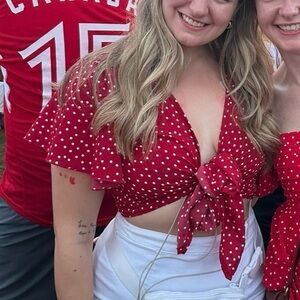 Red polka dot tie crop top
